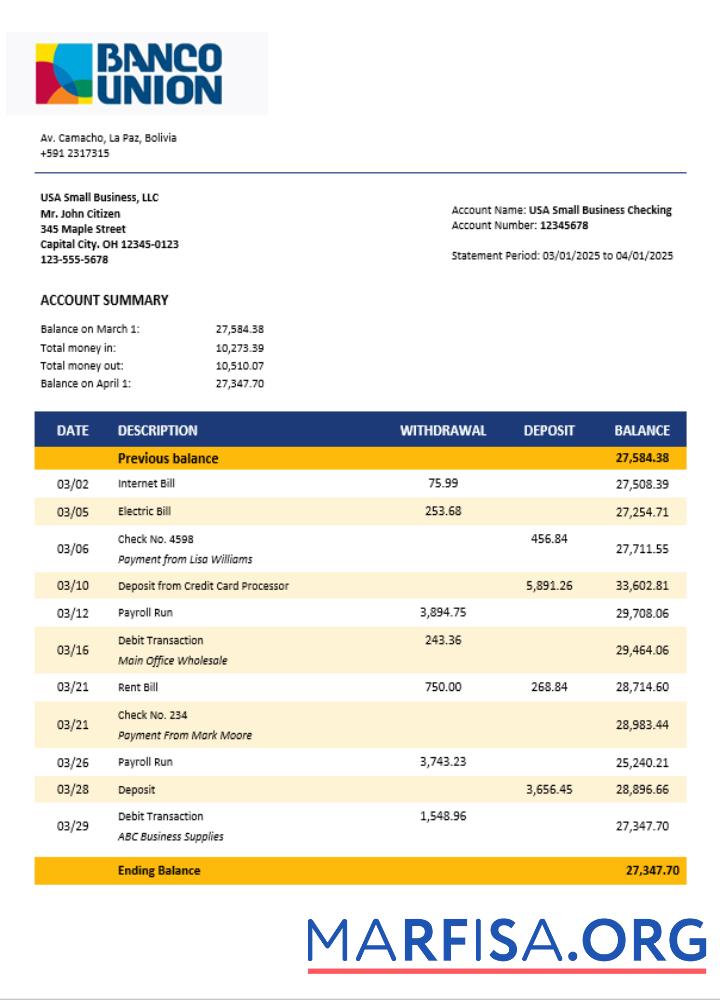 Blank Banco Union Bank business firm statement Word and PDF format real example